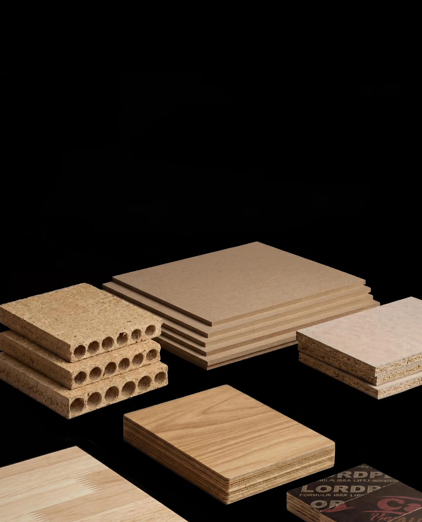 Range of engineered wood core materials on black