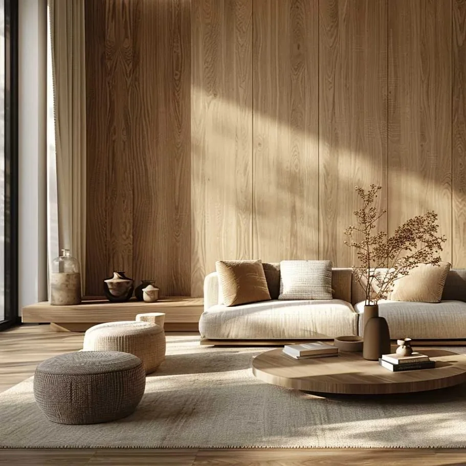 Warm living room with wood wall panels